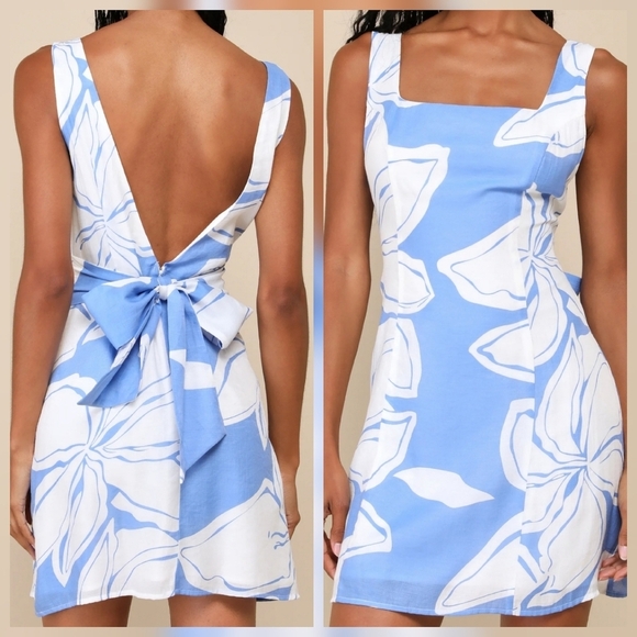 Lulus Dresses & Skirts - Lulus Deeply Sweet Blue and White Floral Tie-Back Shift Mini Dress, Size XL